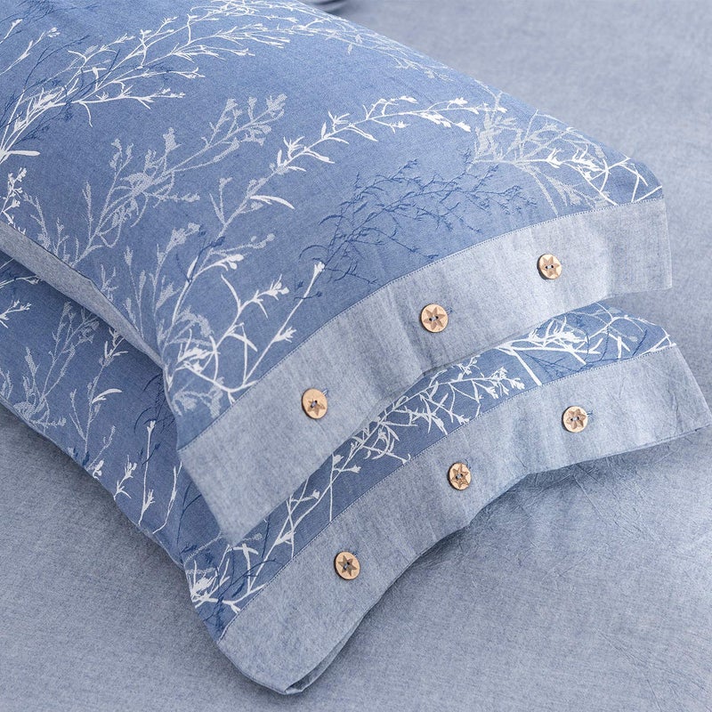OREISE Duvet Cover Set King Size Washed Cotton Yarn, Jacquard Blue and White Thin Branch Pattern Floral Style 3Piece Bedding Set - Image 4
